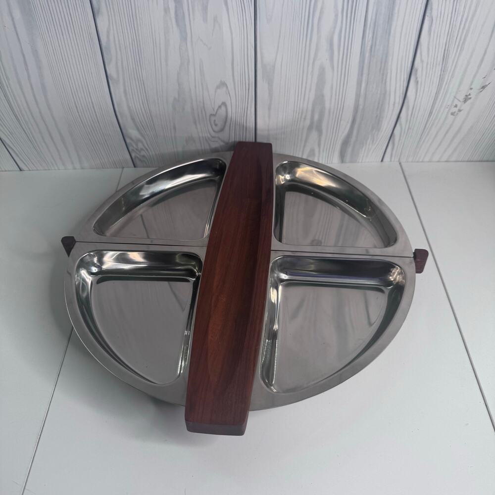 MCM 1960s Arthur Salm Stainless Steel Wooden Lazy Susan Party Tray Sweden